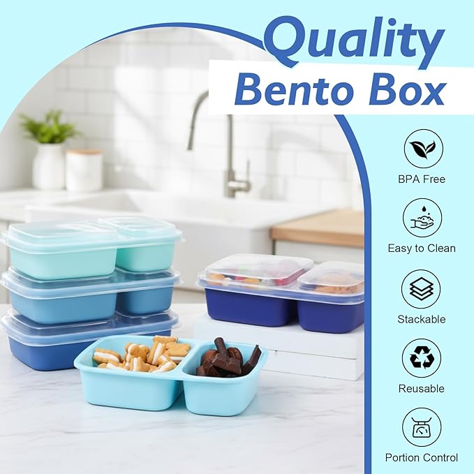 Honeydak 5 Pack Lunchable Snack Containers 2 Compartment Divided Bento Snack Boxes Reusable Meal Prep Containers with Lids Lunch Food Storage Box for Work Travel (Blue)