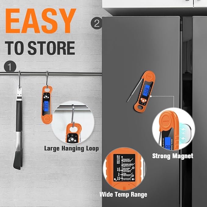 Digital Meat Thermometer for Grilling, Candy Thermometer Instant Read Food Thermometer Waterproof with Backlight for Cooking, Deep Fry, BBQ, Grill, Smoker and Roast (Orange)