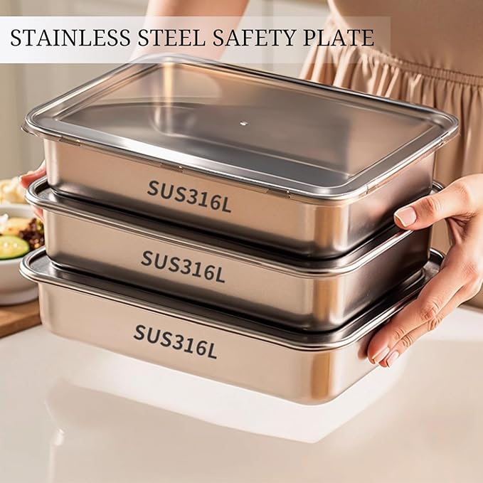 Stainless Steel Food Storage Containers with Lids (2 Pack) - Leak Proof Stackable Meal Prep Containers, BPA-Free Food Safe, 10x7.8x2.1in Rectangular Lunch Containers for Leftovers, Fruits, Deli