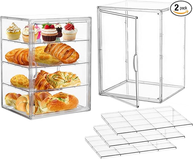 Attelite Pastry Display Case,2 Pack 4 Layers Adjustable Clear Bread Box for Kitchen Countertop,Bread Storage with Magnetic Door Bakery Pastry Display15.5x11.4x9.8inch