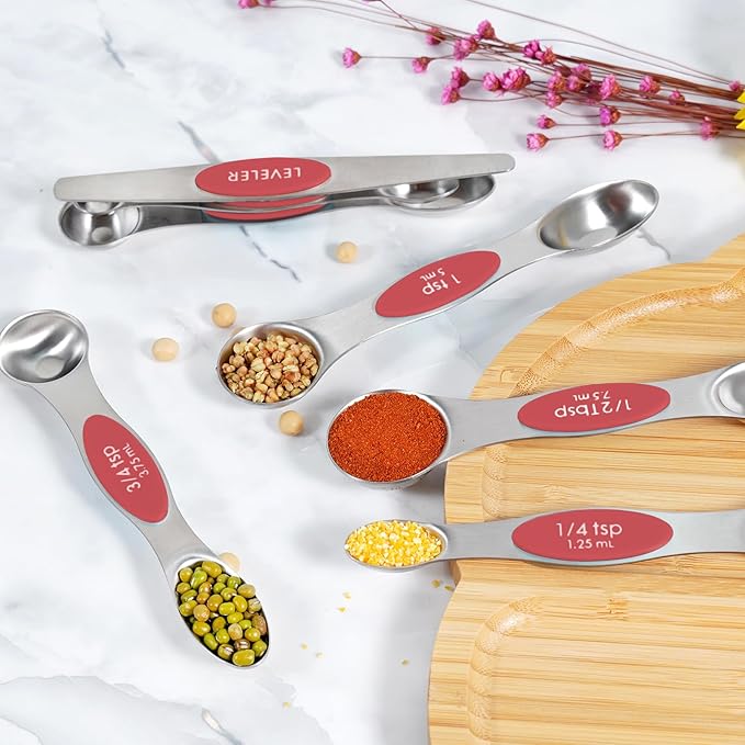 18 Pieces Measuring Cups and Spoons set, Includes 10 Stackable Measuring Cup with Lid and 8 Magnetic Measuring Spoons Set for Liquid and Dry, BPA Free (Red)