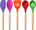 E-far Silicone Cooking Utensils Set, 5-Piece Kitchen Utensils Set with Wooden Handle for Cooking, Silicone Kitchen Nonstick Tools Spatula Turner Slotted Spoons, Nontoxic & Heat Resistant-Colorful
