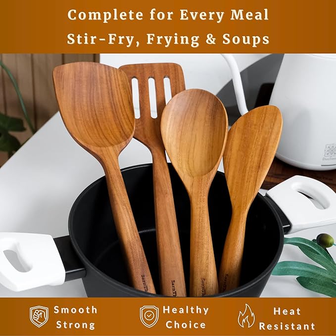 SarnThai Premium Teak Kitchen Utensil Set – 4-Piece Handmade Wooden Spatulas & Spoon for Cooking, Natural Teak Wood Tools Safe for Nonstick Pans, Eco-Friendly Thai Handmade Utensil Set