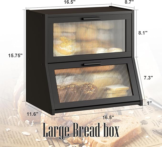 GHWIE Double Layer Bamboo Bread Box for Kitchen Counter,Large Capacity Storage Bin with Acrylic Wavy Door Panel (Black, Extra Large)