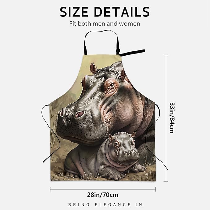 Realistic Hippo Apron for Women Men, Cooking BBQ Chef Polyester Lightweight Heartwarming Design Aprons with Pockets for Baking Kitchen Gardening Cleaning, Adjustable Neck Strap, 28×33inch