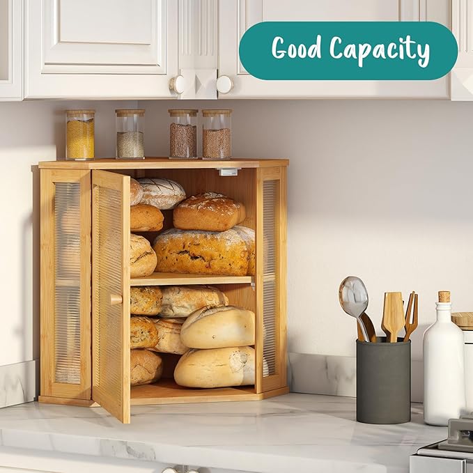 Corner Bread Box, Large Bamboo Bread Box for Kitchen Countertop, 2 Tier Wooden Bread Storage (Natural, Large)
