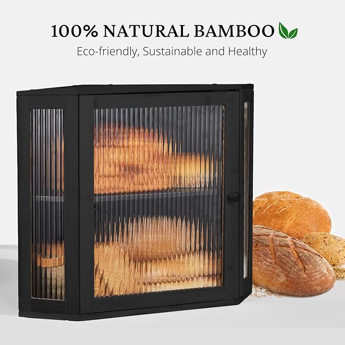 BRONYPRO Double Layer Corner Bread Box for Kitchen Counter with Height-adjustable Partition, Large Black Bamboo Wooden Bread Box for Multiple Loaves, Modern Breadbox for Kitchen Countertop