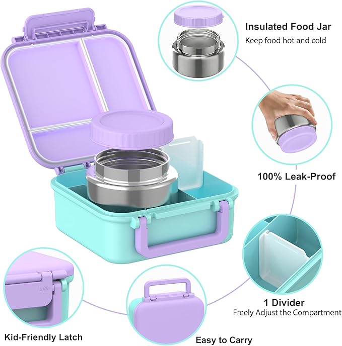 Bento Box for Kids with Soup Thermos(9oz)– Kid Bento Lunch Box with Leak Proof Insulated Food Jar, Hot & Cold Lunch Container Set for School Girls Boys, 4-Compartments, Purple/Blue