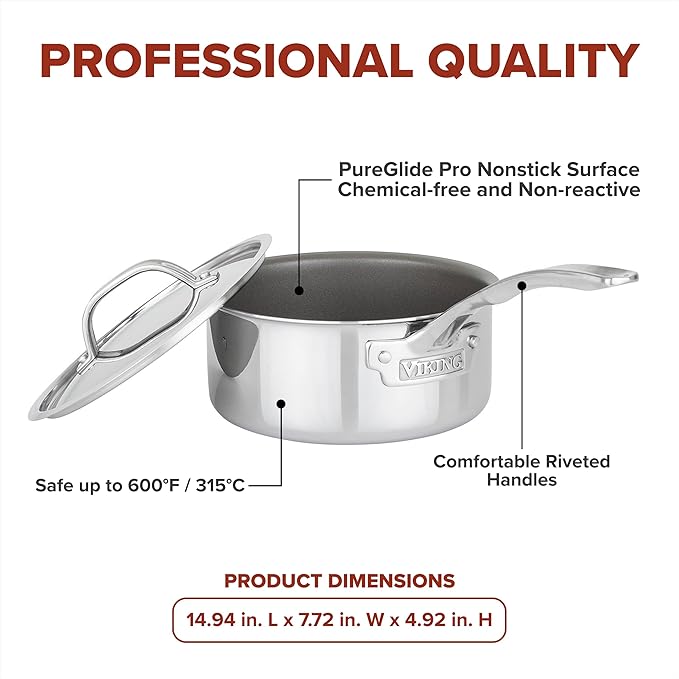Viking PureGlide Pro 3-Ply Nonstick Sauce Pan, Made without PFAS, 2-Quart Induction Cooking Pot with Lid, Metal Utensil Safe Titanium Nonstick Surface, Oven Safe to 600F