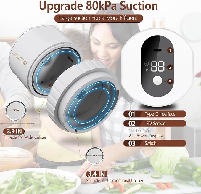 Mason Jar Vacuum Sealer, 80kPa Electric Mason Jar Vacuum Sealer Kit Auto Stop White Jar Sealer Vacuum Sealing Machine for Food Vacuum Storage with Wide and Regular Mouth Lids Can Opener Stickers