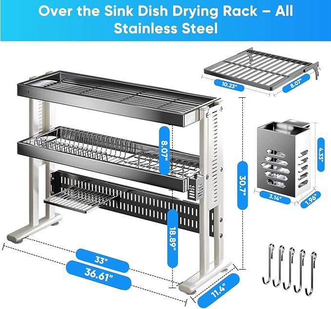 Large Over The Sink Dish Drainer Drying Rack，2 Tier Large Capacity Stainless Steel Dish Drying Rack Over Sink, Multifunctional Kitchen Organizers and Storage Dish Rack (Black, Double Layer)