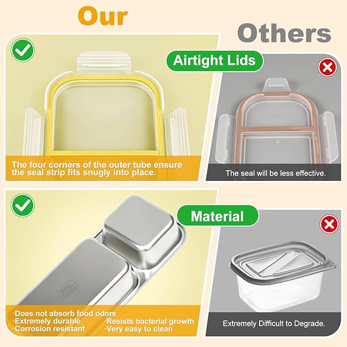Stainless Steel Snack Containers, (3Pack) Leakproof 2 Compartment Snackle Box with Airtight Lids, Reusable Bento Box Food Storage Containers for Lunch Travel Picnics Office
