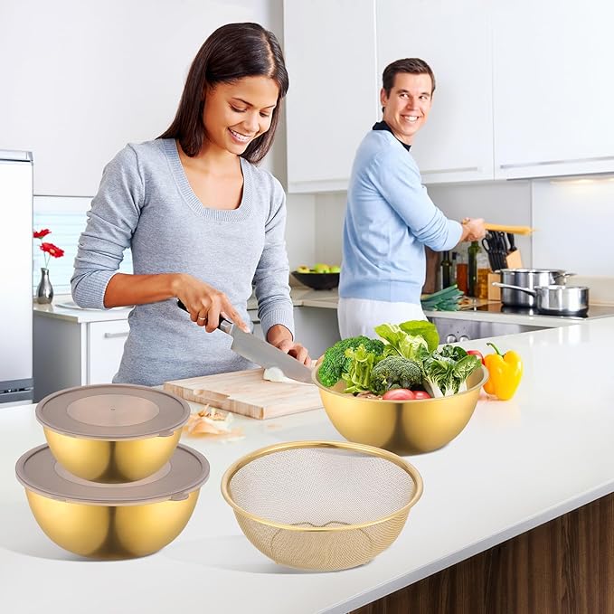 Gold Mixing Bowls with Airtight Lids Stainless Steel Mixing Bowl Set of 3 Metal Nesting Organizers and 1 Colander Non-slip Bottom for Baking Serving Food Size 2.22, 1.27,0.74 QT, Stackable