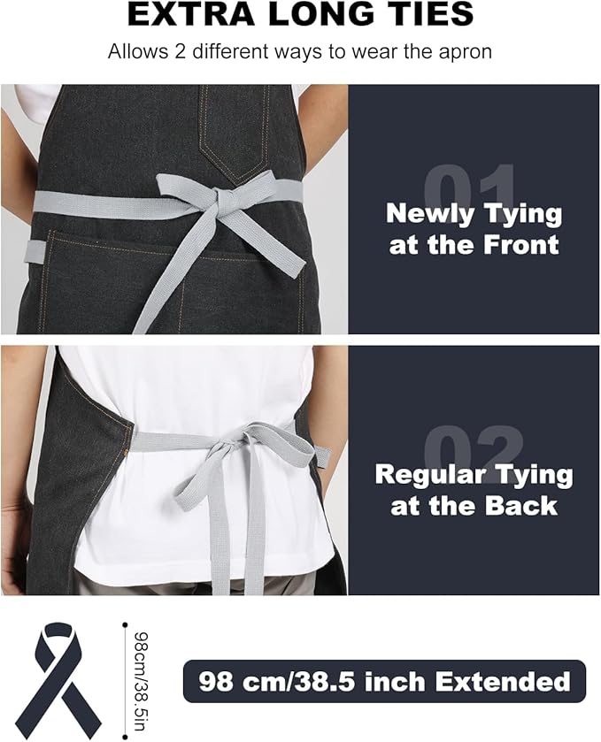 Womens Apron With Pockets Adjustable Shoulder Strap,Apron For Men 38.5" Extra-Long Straps Fit More Body Types,Chef Apron For Kitchen Garden Barbecue Woodworking