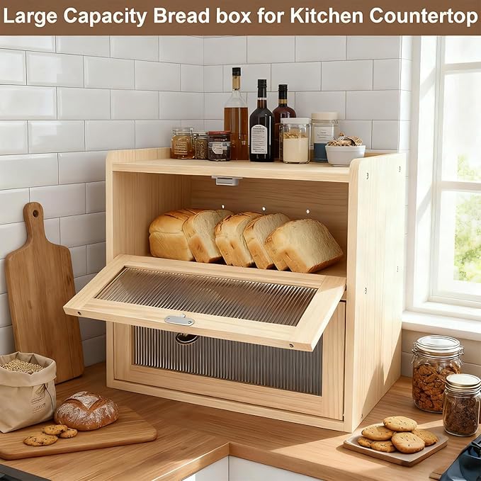 Wooden Bread Box for Kitchen Countertop Large Capacity Corner Bread Box Bread Storage Container with Clear Acrylic Window