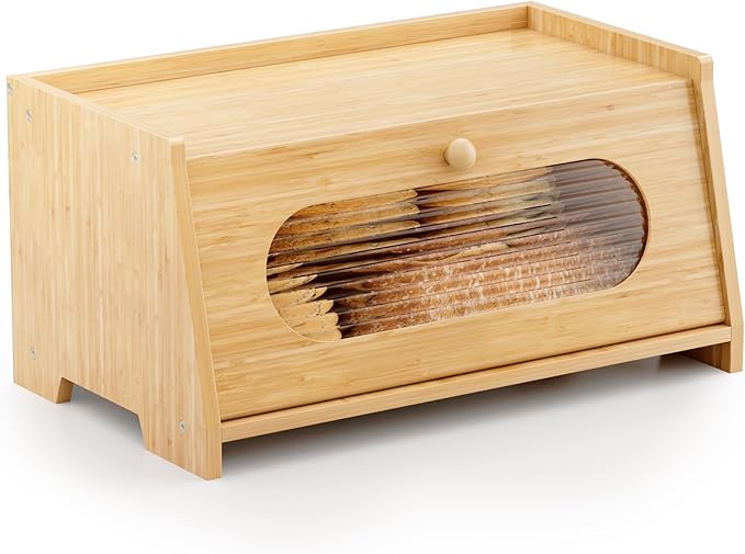 Bamboo Bread Box for Kitchen Countertop,Large Capacity Kitchen Countertop Organizer,Bread Storage with Acrylic Window for Cabinet,Pantry,Cupboard