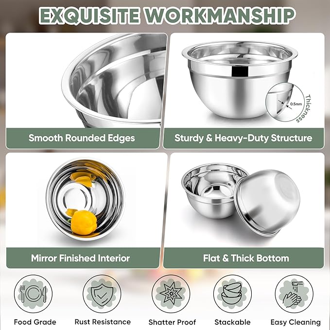 TeamFar Mixing Bowls with Lids, 5-Piece Stainless Steel Metal Nesting Salad Bowl for Mixing Prepping, Healthy & Heavy Duty, Airtight Lids & Dishwasher Safe, 4.5/3/1.5/1/0.7 QT-Khaki