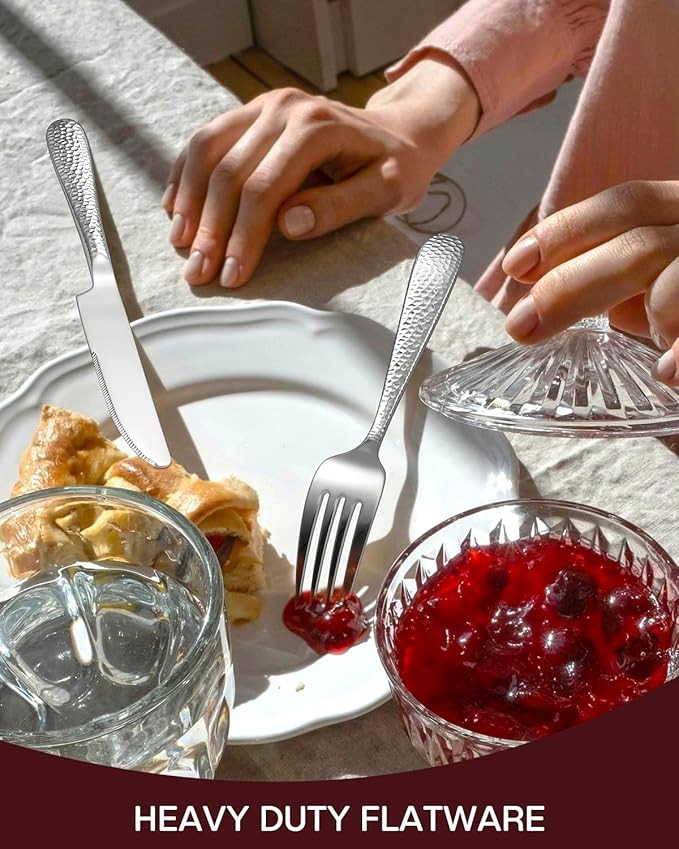 Hammered Silverware Set, EUIRIO 30-Piece Heavy Duty Cutlery Set for 6, Stainless Steel Flatware Set, Food-Grade Utensil Sets Includes Spoons Forks and Knives, Mirror Finish Dishwasher Safe