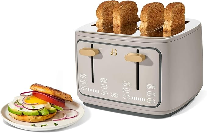 Beautiful 4 Slices Toaster with Touch-Activated Digital Display, Extra Wide Self-Adjusting Slots, Adjustable Shade Control, by Drew Barrymore (Porcini)