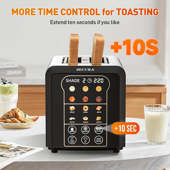 Secura 2 Slice Automatic Toaster Touch Screen Smart Toaster with Digital Timer 6 Bread Type & 6 Browning Levels, Reheat, Deforst, +10s Extended Customizable Memory Settings Great for Home, RV, Office