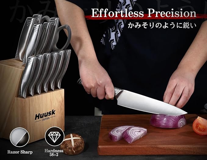 Huusk Knife Set with Block and Sharpener, 14 Pcs Japanese Stainless Steel Kitchen Knife Sets Dishwasher Safe, Sharp Silver Professional Knives Set with Box for Kitchen, Christmas Gifts for Men Women