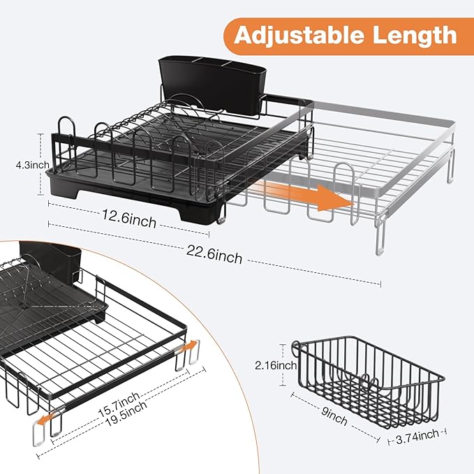 Extendable Dish Drying Rack, Drying Rack with Automatic Drainboard, Dish Drainers for Kitchen Counter, Anti-Rust Dish Drainers with Cup Holders & Utensil, Black