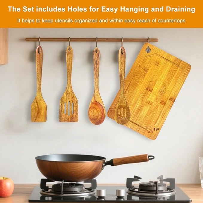 Acacia Wooden Cooking Spoons with Bamboo Cutting Board Set – 4 PCS Acacia Wood Kitchen Utensils, Spatula Spoon for Nonstick Cookware, Gift for Housewarming Wedding