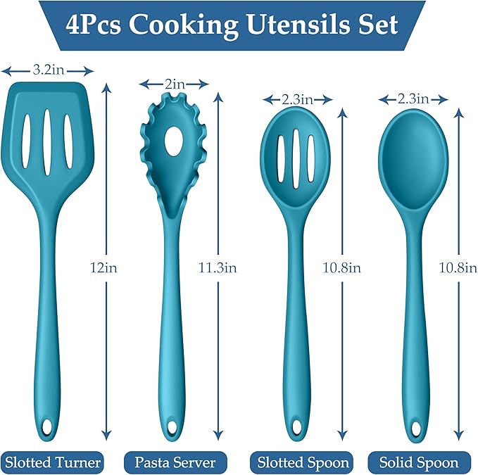 LIANYU Kitchen Silicone Cooking Utensils Set, 4Pcs Nonstick Cookware Utensils with Turner, Spoon, Pasta Server for Stir Frying, Serving, Mixing, Heat Resistant, Dishwasher Safe, Blue