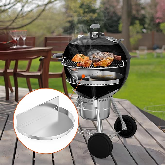 onlyfire Stainless Steel Detachable Grill Drip Pan for Weber 22" Kettle Grills, Grease Tray Liner with Removable Charcoal Divider, Semi-Circular