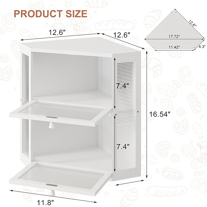 WOWLIVE Corner Bread Box for Kitchen Countertop, Double Layer Bamboo Bread Storage Container, Large Farmhouse Bread box with Acrylic Wavy Door Panel, Under Cabinet Organizer (White, Extra Large)