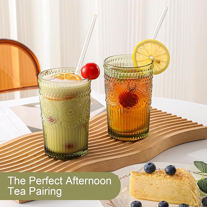 Vintage Glassware Drinking Glasses Set of 6,13 oz Green Textured Flower Design Glass Water Tumblers，Embossed Striped Drinkware for Water,Cocktails,Juice,Iced Coffee