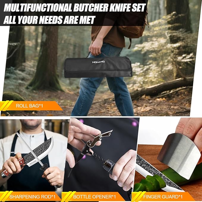 MDHAND 14PCS Butcher Knife Set, Hand Forged Butcher Chef Knife Set with Roll Bag, Sharp Meat Cleaver Knife & Bone Chopper Knives & Fillet Knives for Home & Camping & BBQ Gift for Men