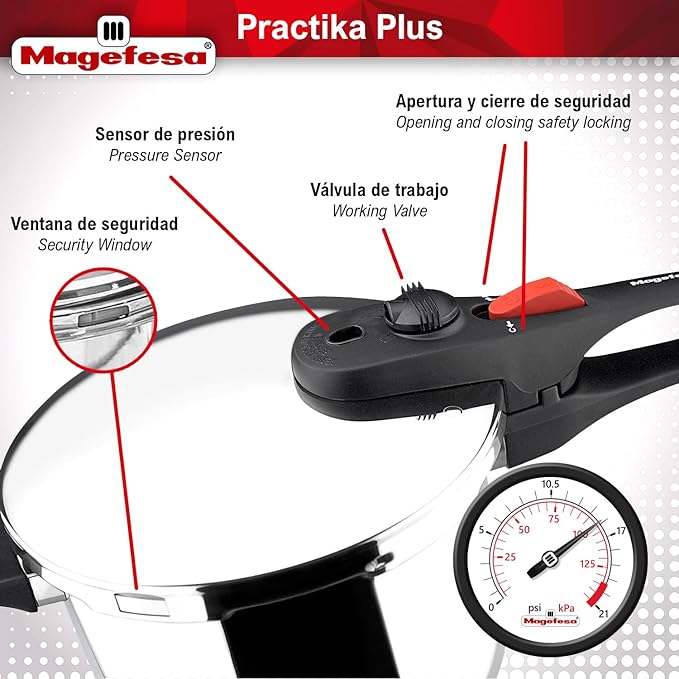 Magefesa Practika Plus Stainless Steel Pressure Cooker Set, 4.2 & 6.3 Quart, Works on All Stovetops, Induction-Compatible, Encapsulated Diffuser Bottom, 5 Safety Systems