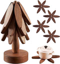 Wooden Tree Coasters, Trivets for Hot Dishes, Trivets for Hot Pots and Pans, Wooden Tree Trivet Set - 3 or 4 Wooden Trivet + 1 Stand, Christmas Coasters (Walnut,4pcs-A)