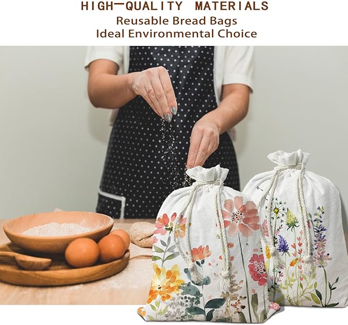 Reusable Linen Bread Bag for Homemade Bread Sourdough Loaf, Wildflower Beeswax Bread Bag 2Pcs, Flroal Storage Large Bread Box for Baker Focaccia Sandwich Bags Baking Chritmas Gifts for Women 16.5x12