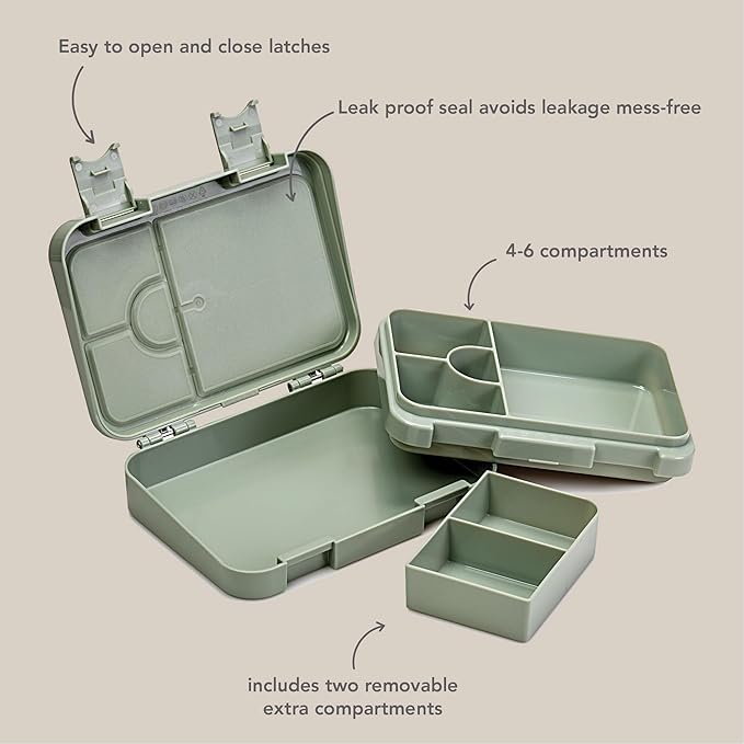 nouka Design Bento Lunch Box | Easy to Open Latches | Spill Proof Design | 6-Compartment Removable Tray | Garden