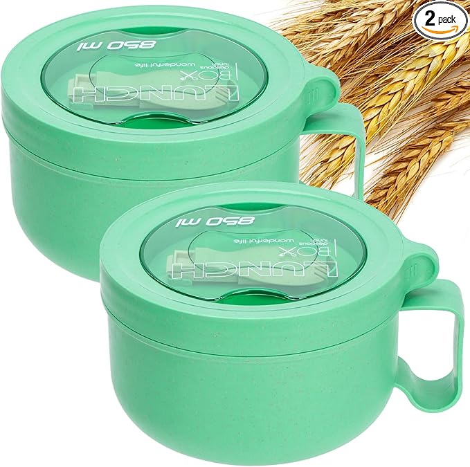 Microwave Ramen Bowl with Lid and Handle for Dorm Essentials,Microwave Soup Mugs Set of 2 for Soup and Instant Noodles,Oatmeal, Gumbo, Salad, BPA Free (Green Green)