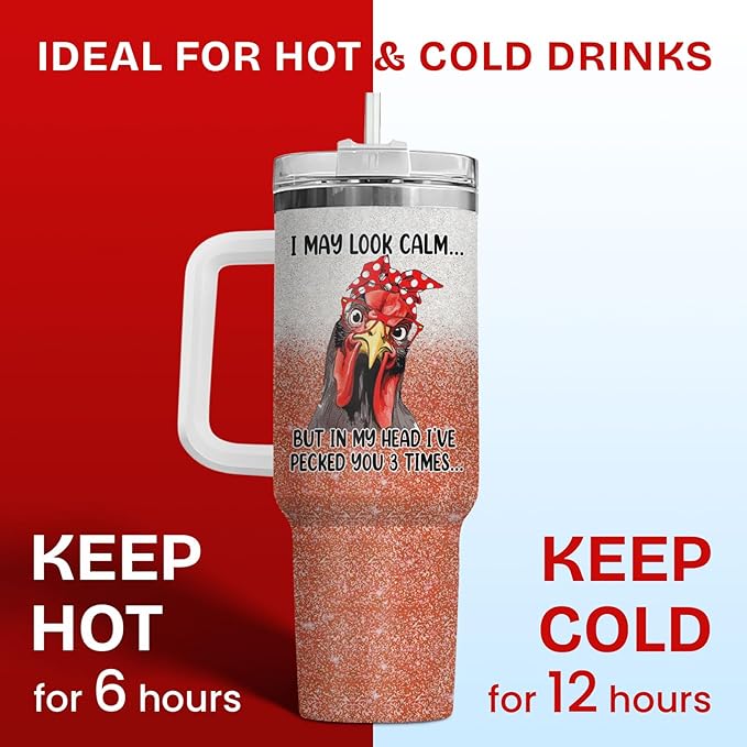 34HD Funny Chickens Tumbler with Lid & Straw, 40oz Vacuum Insulated Mama Hen Mug, Gifts for Chicken Lady Women Farmer, Chicken Lover Gifts for Birthday Christmas Mothers Day
