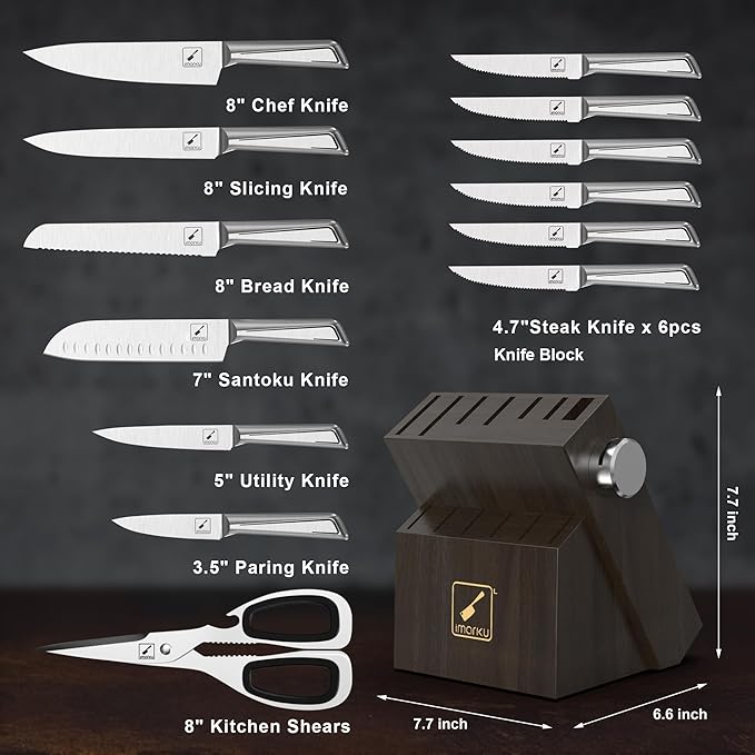 imarku Knife Kitchen Sets, Japanese Stainless Steel 14 Pcs Knife Block Set,Chef Knives with Built-in Sharpener, Dishwasher Safe, Non-Slip Ergonomic Handle,Deba Knife for Fish, Essential Home Gift