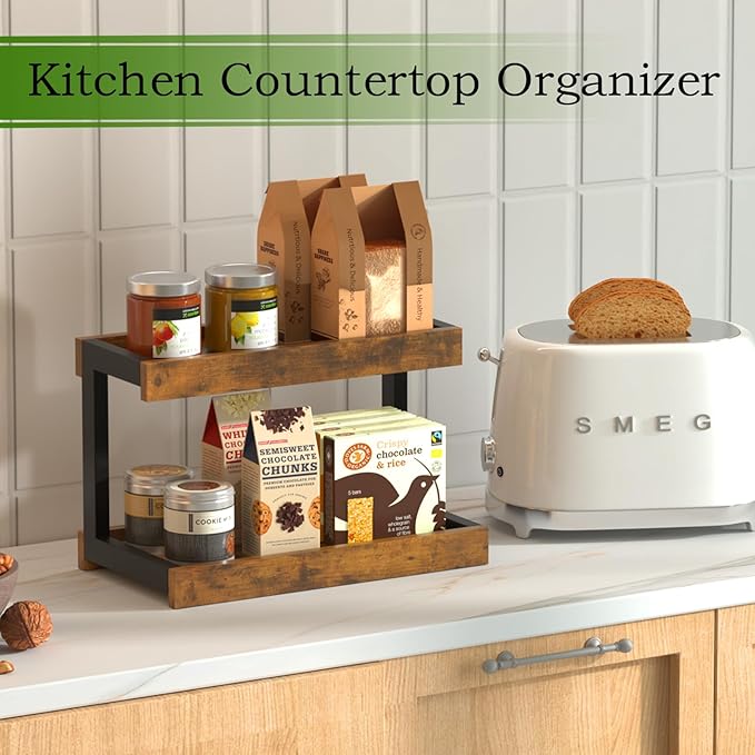 MARTY 2 Tier Spice Rack Organizer for Countertop, 15.8''L Coffee Station/Bathroom Organizer Countertop, Counter Shelf Desktop Storage Organizer for Kitchen, Bedroom, Office (Rustic Brown)