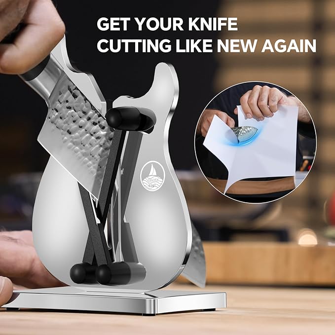 WWN Professional Knife Sharpener, Stainless Steel Sharpening Tool for Kitchen Knives with Self-Adjusting Angle, 3-Action Quick Edge Manual Sharpener with Straight Blade Knives for Chefs & Home Use
