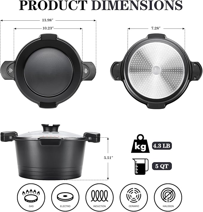 5qt Pasta Pot with Strainer Lid, Cast Aluminum Stockpot Multipot, Nonstick Ceramic Coating make Cleanup easy with Tempered Glass Lid, Dishwasher Safe, Induction, Black