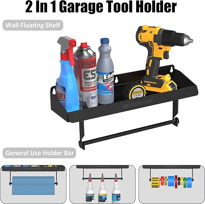 UNITEDPOWER Hand Tool Tray with Paper Holder, 2-in-1 Wall Mount Hardware Small Tools Rack, Storage Organizer for Workshop, Shed, Garage, Holds 40 lbs