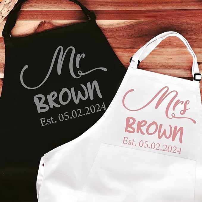 Custom Couple Apron, Personalized Mr Mrs Gift, Anniversary, Bridal Shower, Engagement, Christmas or Wedding Registry Present for Him & Her