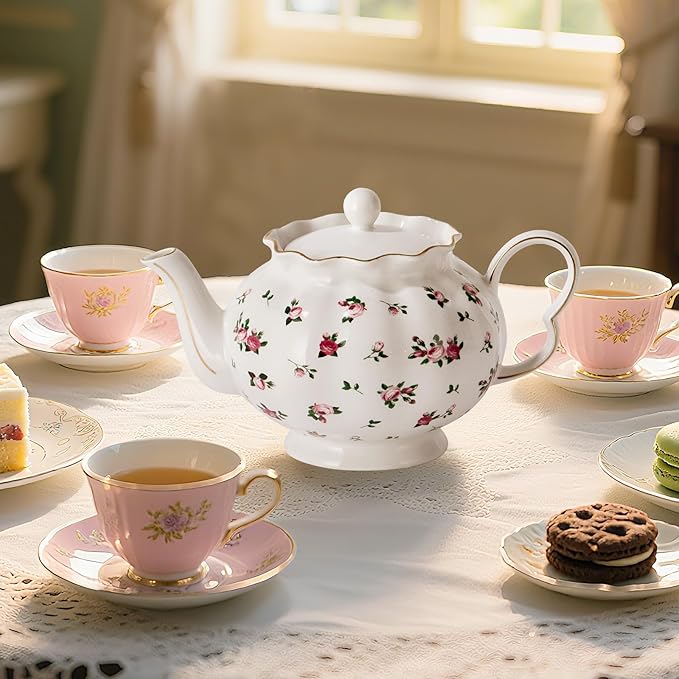 Floral Teapot with Infuser, 33oz, Ceramic Tea Pot with Tea Strainers for Loose Leaf Tea, Rose Teapots for Tea Party, New Bone Porcelain Teapot