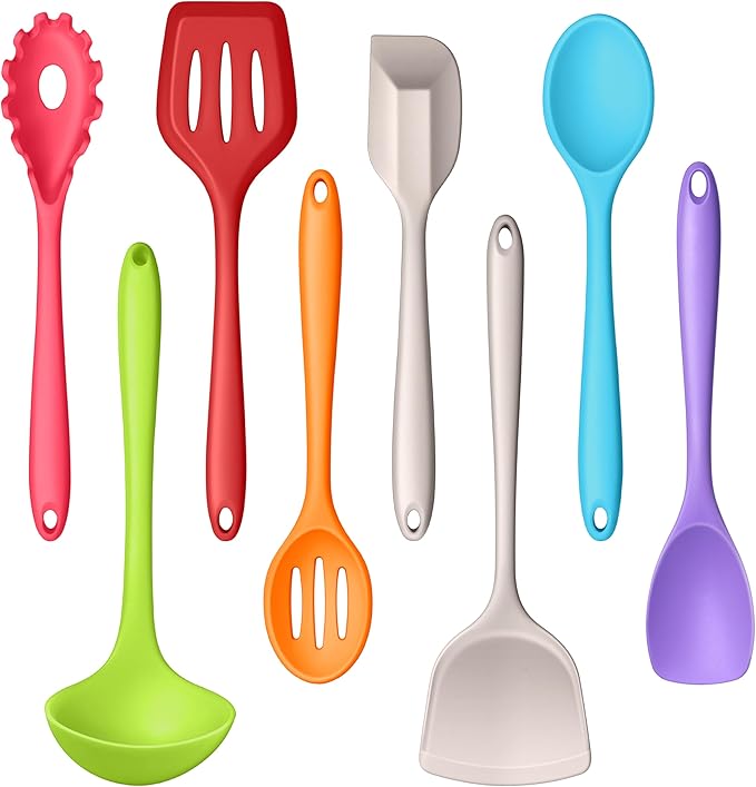 LIANYU 8Pcs Kitchen Cooking Utensils Set, Silicone Utensils Spatula Set, Heat Resistant Cooking Gadgets for Nonstick Cookware, Include Silicone Spoon, Turner, Spatula, Ladle, Multi-Color