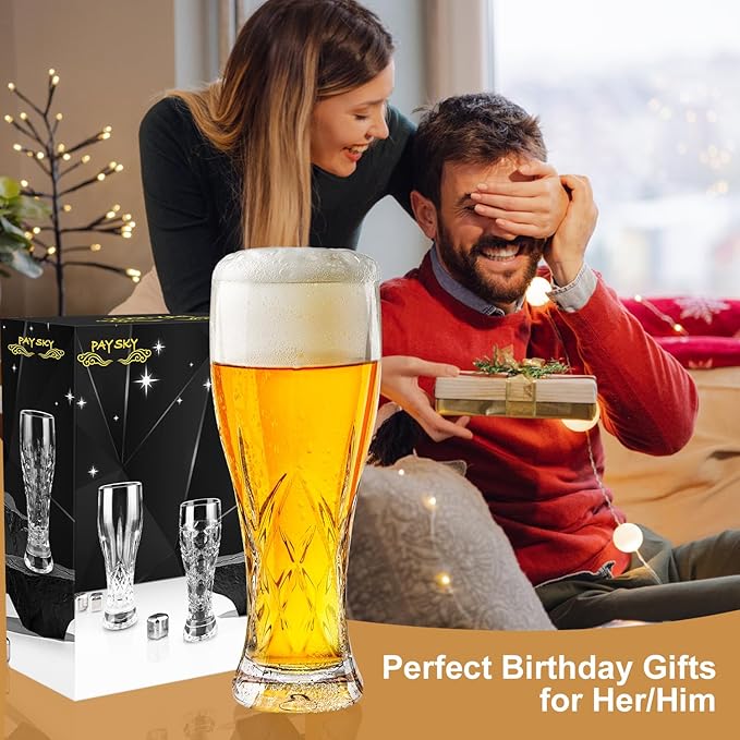 Beer Glasses Set of 2,17 oz Glasses Drinking Set, Craft Beer Glasses for Freezer Supply Aroma Retention, Tall Beer Cups, Mugs and Glassware Gifts for Men