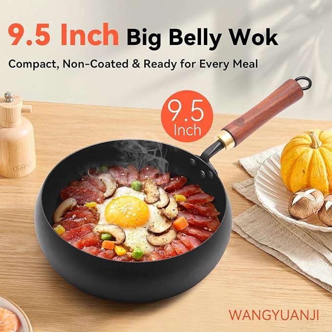 WANGYUANJI Wrought Iron Flat Bottom Wok with Glass Lid – Detachable Wooden Handle, Non-Coated Naturally Nonstick Frying Pan for Gas, Electric & Induction Stoves (Black Deep-Bowl Wok, 9.5 inch)