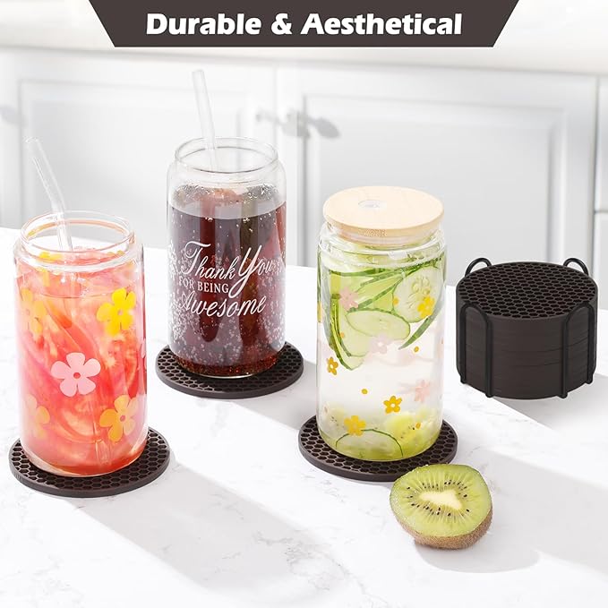 Silicone Coasters Set of 16 with Holder, Drinks Coasters, Coffee, Anti-Slip, Non-Stick, Anti-Overflow Tabletop Protection and Decor (Coffee, 16 Pcs)