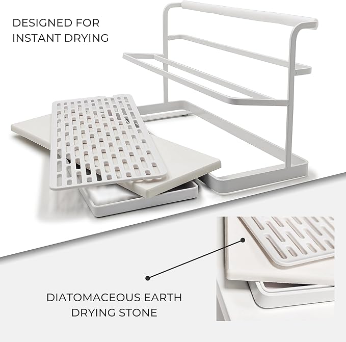 Selegna Diatomaceous Earth Bottle Drying Rack, Baby Bottle Drying Rack, Over Sink Instant Dry Small Dish Drying Rack & Bottle Dryer, Space Saving Narrow Two Tier Tower Water Bottle Drying Rack (White)